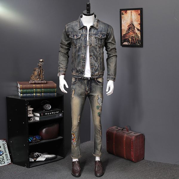 men's tracksuits spring for vintage men printed turn-down collar denim cowboy-embroidered thin jacket + jean pants two men's ensem, Gray 
men's tracksuits spring for vintage men printed turn-down collar denim cowboy-embroidered thin jacket + jean pants two men's ensem, Gray