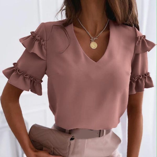 women's t-shirt pure color ruffled v-neck simple short sleeves oversized t shirt women loose sleeve tees soft female summer jumper, White
women's t-shirt pure color ruffled v-neck simple short sleeves oversized t shirt women loose sleeve tees soft female summer jumper, White