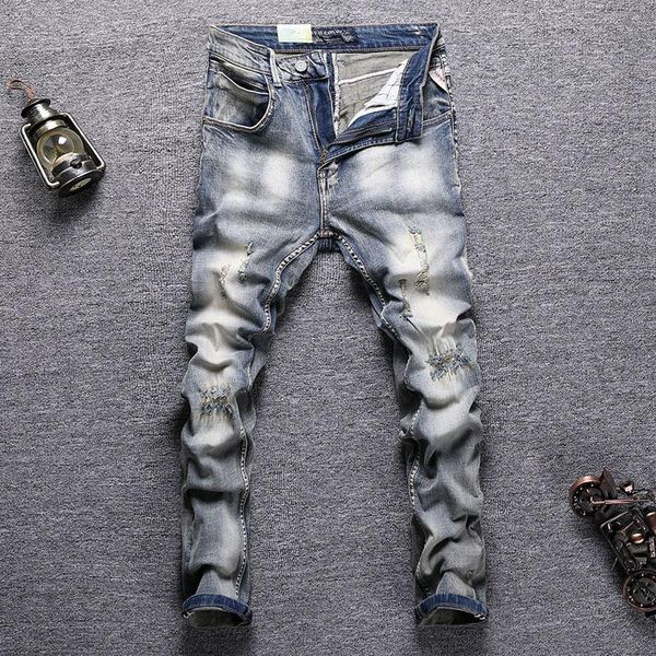 men's jeans korean style fashion men retro distressed elastic slim fit ripped embroidery designer hip hop casual denim pants, Blue
men's jeans korean style fashion men retro distressed elastic slim fit ripped embroidery designer hip hop casual denim pants, Blue