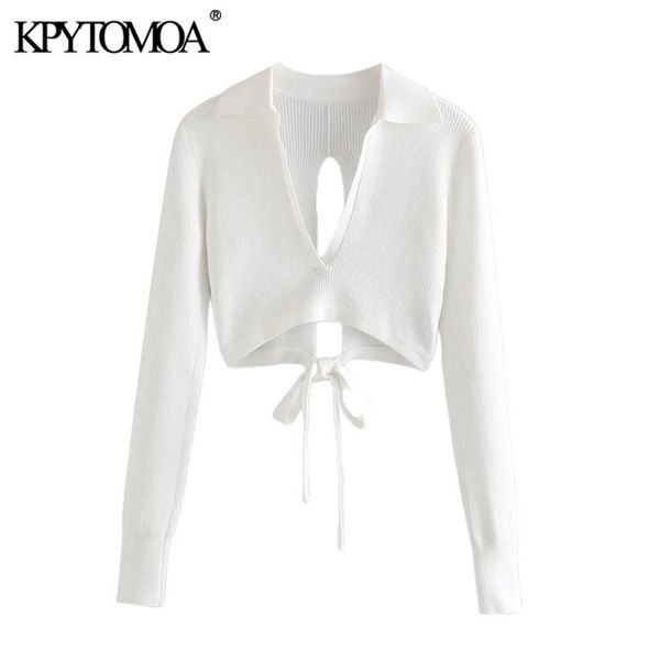 women fashion deep v neck cropped knit sweater vintage backless with bow tied female pullovers chic 210421, White;black
women fashion deep v neck cropped knit sweater vintage backless with bow tied female pullovers chic 210421, White;black