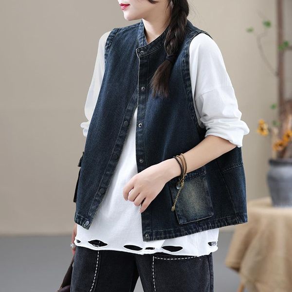 women's vests nini wonderland 2021 autumn cotton denim vintage vest women sleeveless mandarin collar single breasted loose short coats, Black;white
women's vests nini wonderland 2021 autumn cotton denim vintage vest women sleeveless mandarin collar single breasted loose short coats, Black;white