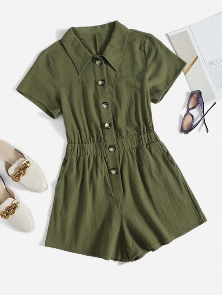 emery rose slant pockets elastic waist shirt romper 35kn#, White 
emery rose slant pockets elastic waist shirt romper 35kn#, White