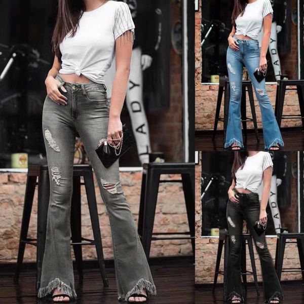women's jeans high waist holes in trousers women slim flared washed white wear casual, Blue
women's jeans high waist holes in trousers women slim flared washed white wear casual, Blue