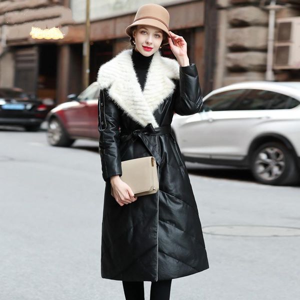 women's leather & faux genuine jacket women winter sheepskin coat female long 90% white duck down jackets collar femme veste pph306, Black
women's leather & faux genuine jacket women winter sheepskin coat female long 90% white duck down jackets collar femme veste pph306, Black