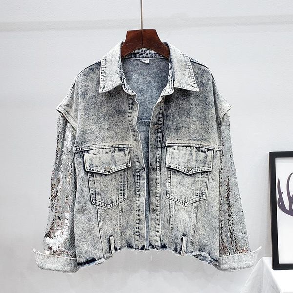 women's jackets vintage heavy industry sequined sleeves stitching denim jacket women 2021 autumn oversized loose jeans ropa de mujer z5, Black;brown
women's jackets vintage heavy industry sequined sleeves stitching denim jacket women 2021 autumn oversized loose jeans ropa de mujer z5, Black;brown