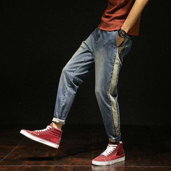 men's jeans business casual patchwork men spring autumn spliced hip hop, Blue 
men's jeans business casual patchwork men spring autumn spliced hip hop, Blue