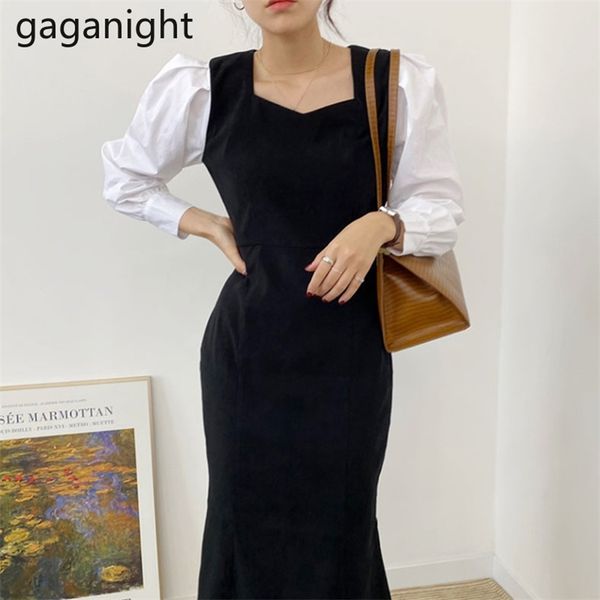 spring elegant square collar slim fake two pieces dresses patchwork puff sleeve korean chic long vestidos 210601, Black;gray
spring elegant square collar slim fake two pieces dresses patchwork puff sleeve korean chic long vestidos 210601, Black;gray