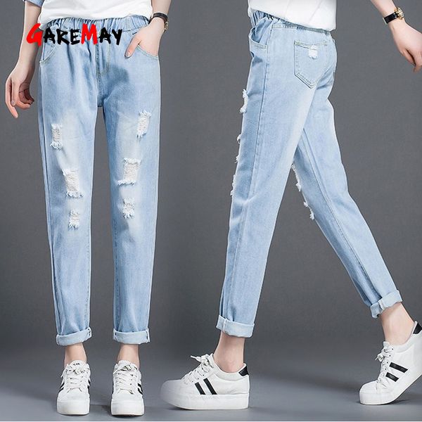 plus size women ripped jeans casual spring summer elasticated waist ankle light blue woman boyfriend denim harem pants 210428
plus size women ripped jeans casual spring summer elasticated waist ankle light blue woman boyfriend denim harem pants 210428