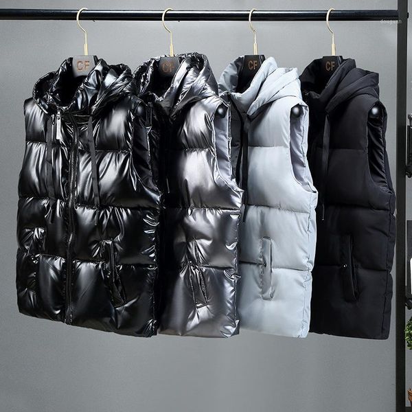 men's vests 2021 autumn winter cotton-padded shiny vest removable hat hood waistcoat warm sleeveless jacket zipper coat m-5xl, Black;white
men's vests 2021 autumn winter cotton-padded shiny vest removable hat hood waistcoat warm sleeveless jacket zipper coat m-5xl, Black;white