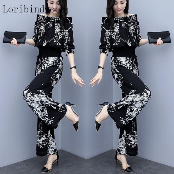 three quarter sleeve elastic slash neck women and wide leg full pants floral print elegant vintage summer sets two piece dress, White
three quarter sleeve elastic slash neck women and wide leg full pants floral print elegant vintage summer sets two piece dress, White