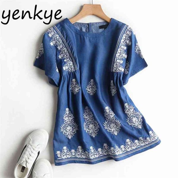 vintage blue denim blouse shirt women short sleeve o neck floral embroidery blouses casual plus size summer blusas mujer 210514, White
vintage blue denim blouse shirt women short sleeve o neck floral embroidery blouses casual plus size summer blusas mujer 210514, White