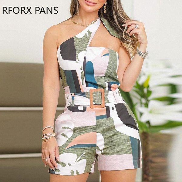 one shoulder knotted detail abstract print romper j5j9, Black