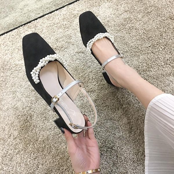 women's sandals 2021 spring fashion pearl casual thick heel square toe roman shoes, Black
women's sandals 2021 spring fashion pearl casual thick heel square toe roman shoes, Black