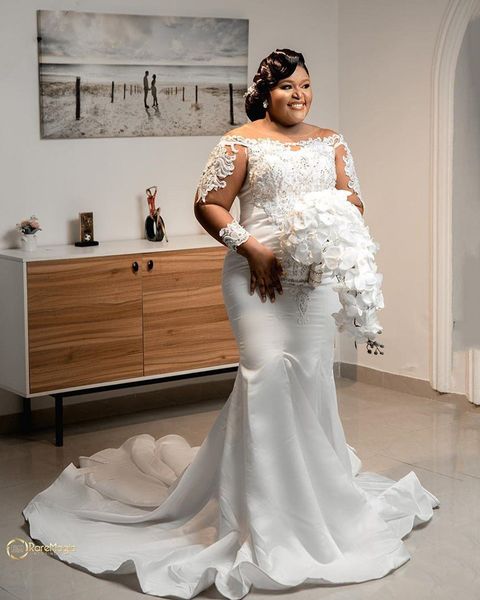 plus size ao ebi mermaid wedding dresses gowns sheer long sleeves lace applique robe de marrige sweep train trumpet bride vestidos, White
plus size ao ebi mermaid wedding dresses gowns sheer long sleeves lace applique robe de marrige sweep train trumpet bride vestidos, White