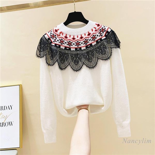 lace stitching jacquard pullover sweater for women 2021 spring autumn korean style ladies knitwear nancylim women's sweaters, White;black
lace stitching jacquard pullover sweater for women 2021 spring autumn korean style ladies knitwear nancylim women's sweaters, White;black