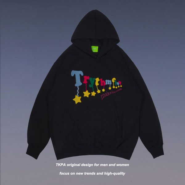 Tkpa American hip hop campus style letter flocking couple sweater high street leisure sports Hoodie men and women, Black