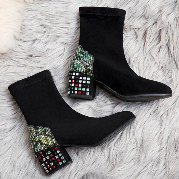 boots fashion snake grain stretch fabric socks for ladies pointed toe slip-on square heels vintage women botas mujer, Black
boots fashion snake grain stretch fabric socks for ladies pointed toe slip-on square heels vintage women botas mujer, Black