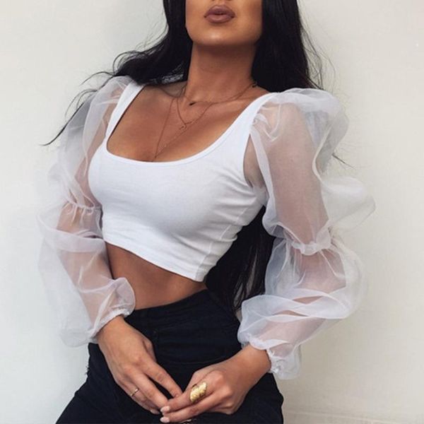 women's t-shirt puff sleeve cropped party ladies square neck mesh stitching long vest short clothing, White
women's t-shirt puff sleeve cropped party ladies square neck mesh stitching long vest short clothing, White