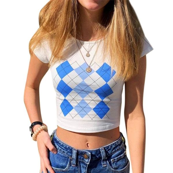 women's t-shirt women summer short sleeve o-neck blue argyle plaid print slim crop 67jf, White
women's t-shirt women summer short sleeve o-neck blue argyle plaid print slim crop 67jf, White