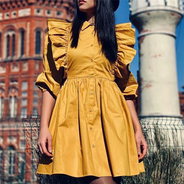 stylish ruffle women shirt dress vintage female yellow short buttons sun summer casual lady mini 210430, Black;gray
stylish ruffle women shirt dress vintage female yellow short buttons sun summer casual lady mini 210430, Black;gray