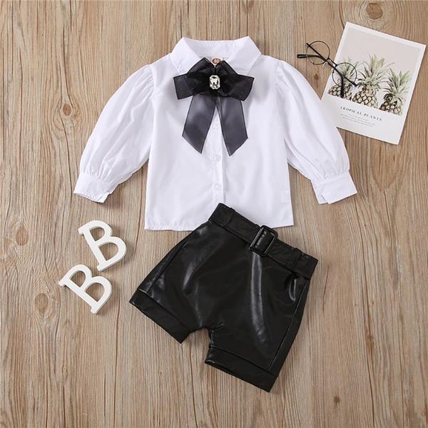 girls fashion clothes set 2 pieces suit shirt bow tie + pu leather short pants kids sets 1-6 years clothing, White
girls fashion clothes set 2 pieces suit shirt bow tie + pu leather short pants kids sets 1-6 years clothing, White