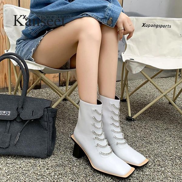 boots kanseet genuine leather women ankle 2021 autumn western chain decoration square toe high heel slim shoes short, Black
boots kanseet genuine leather women ankle 2021 autumn western chain decoration square toe high heel slim shoes short, Black