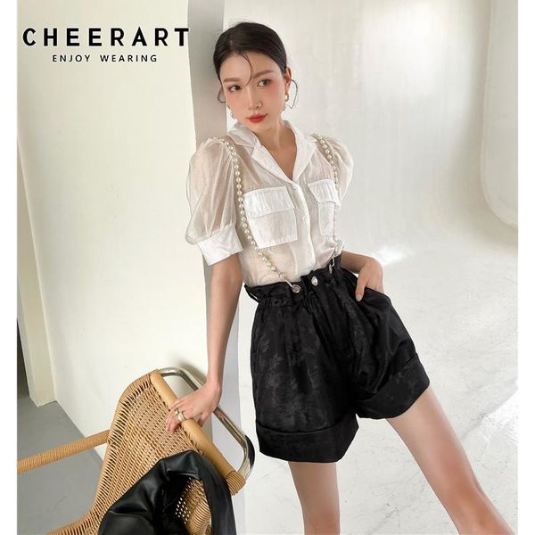 women's shorts cheerart black summer wide leg women jacquard high waisted korean fashion bottoms kawaii pearl suspender 2021, White;black
women's shorts cheerart black summer wide leg women jacquard high waisted korean fashion bottoms kawaii pearl suspender 2021, White;black