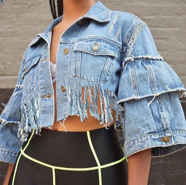 ripped jeans short jacket women flare sleeve elegant denim tassel outerwear high street coat women's jackets, Black;brown
ripped jeans short jacket women flare sleeve elegant denim tassel outerwear high street coat women's jackets, Black;brown