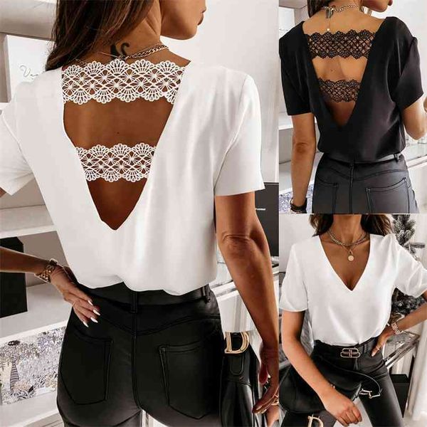 backless women t-shirt summer lace patchwork short sleeve casual party tshirts elegant v neck office lady loose white 210522
backless women t-shirt summer lace patchwork short sleeve casual party tshirts elegant v neck office lady loose white 210522