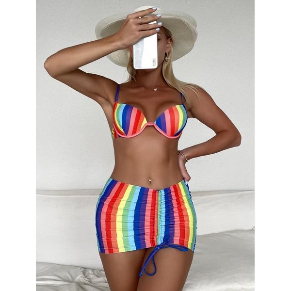 women's swimwear 2021 european and american ladies striped beach bikini three-piece, White;black 
women's swimwear 2021 european and american ladies striped beach bikini three-piece, White;black