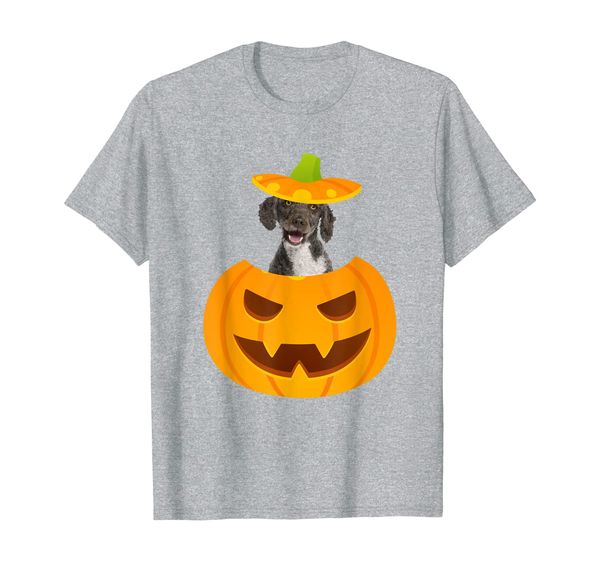 spanish water spaniel peeking out of jack-o-lantern t-shirt, White;black