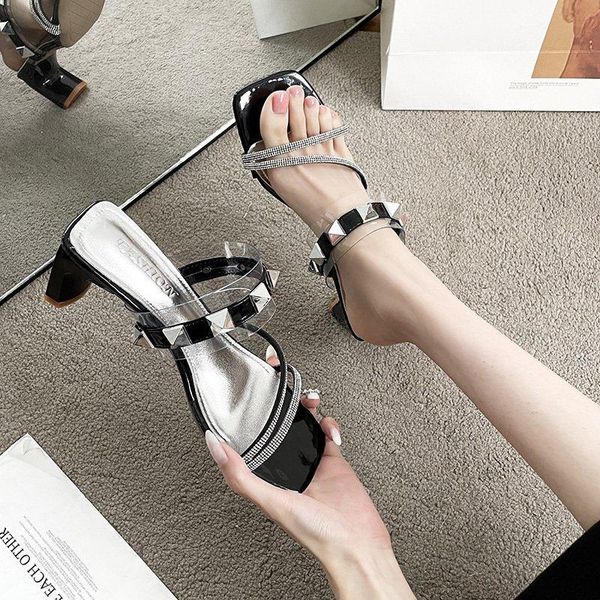 rivet slippers sandals women transparent pvc open toe summer high heel thick slides 2021, Black 
rivet slippers sandals women transparent pvc open toe summer high heel thick slides 2021, Black