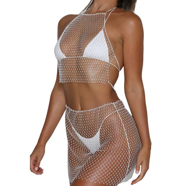 women's swimwear summer hollow out bikini cover up beach crochet mesh crystal mini skirt set, White;black
women's swimwear summer hollow out bikini cover up beach crochet mesh crystal mini skirt set, White;black