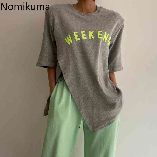 nomikuma letter printed t shirt women contrast color o neck short sleeve tshirts side split design casual loose korean 210514, White
nomikuma letter printed t shirt women contrast color o neck short sleeve tshirts side split design casual loose korean 210514, White