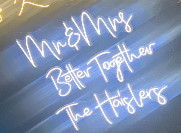 neon signs mr&mrs and better together both in 3ft long for wedding decoration party
neon signs mr&mrs and better together both in 3ft long for wedding decoration party