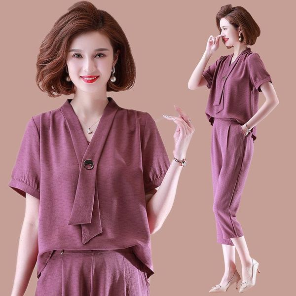 women's two piece pants summer middle-aged women fashion solid sports suits short sleeve + high waist cropped trousers two-piece set l, White
women's two piece pants summer middle-aged women fashion solid sports suits short sleeve + high waist cropped trousers two-piece set l, White
