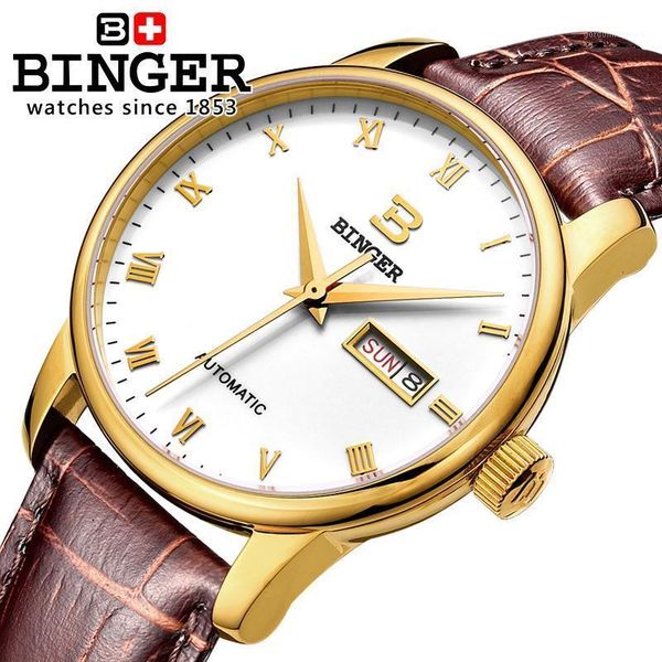 switzerland men's watch wristwatches binger business automatic self-wind leather strap water resistance bg-0397-5, Slivery;brown
switzerland men's watch wristwatches binger business automatic self-wind leather strap water resistance bg-0397-5, Slivery;brown