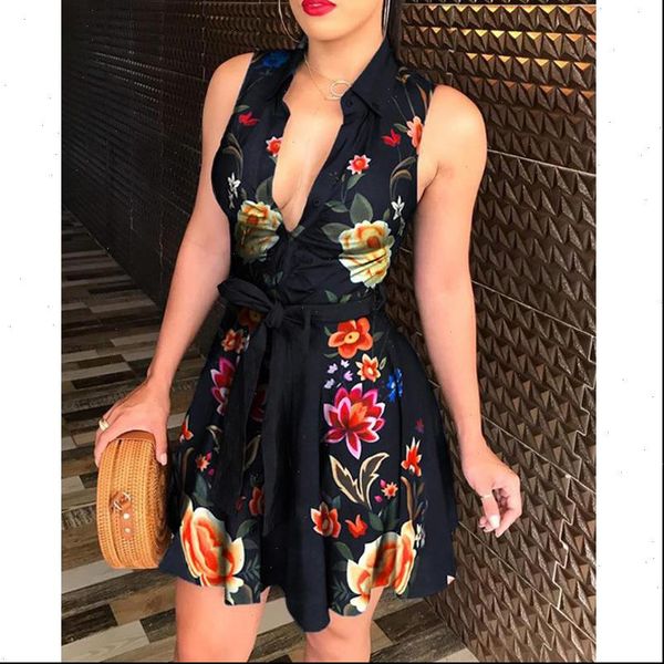 fashion floral print summer women dress sleeveless v neck tie waist shirt, Black;gray