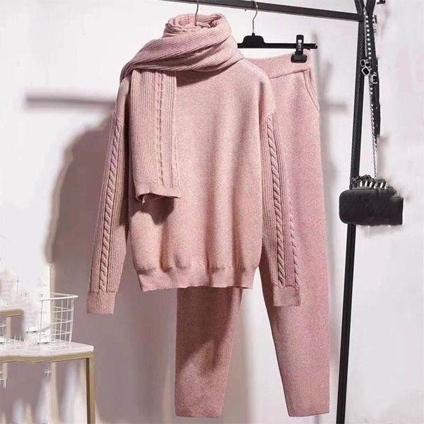 women's two piece pants winter casual women knitted sweater tracksuits solid scarf o-neck pullover pencil pant suits 2021 3 pieces set, White
women's two piece pants winter casual women knitted sweater tracksuits solid scarf o-neck pullover pencil pant suits 2021 3 pieces set, White