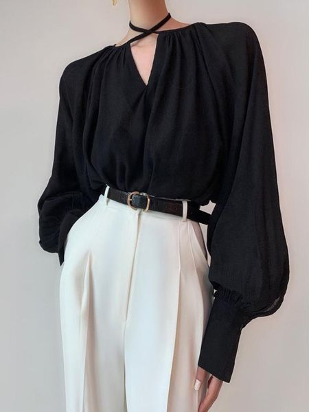 women's jackets south korea spring and summer cool wind hanging neck bandage design bubble sleeve shirt, Black;brown
women's jackets south korea spring and summer cool wind hanging neck bandage design bubble sleeve shirt, Black;brown