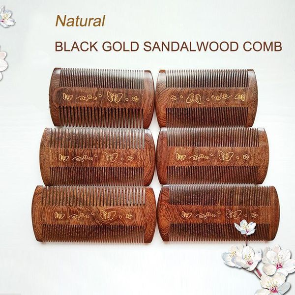 black gold sandalwood beard comb green grate double-sided engraving & carving craft natural portable small hair brushes1, Silver
