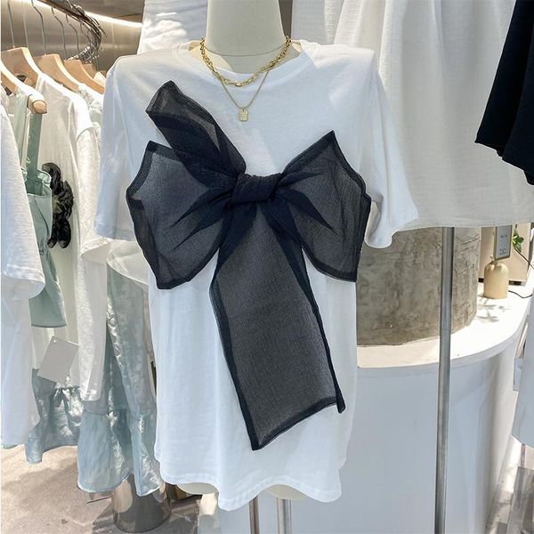 women's t-shirt 2021 spring summer o neck short sleeve t-shirts patchwork mesh bow solid color bottoming white women tees loose 
women's t-shirt 2021 spring summer o neck short sleeve t-shirts patchwork mesh bow solid color bottoming white women tees loose