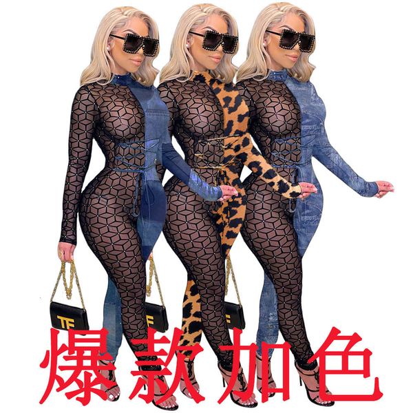 stitching denim printing one-piece pants, Blue 
stitching denim printing one-piece pants, Blue