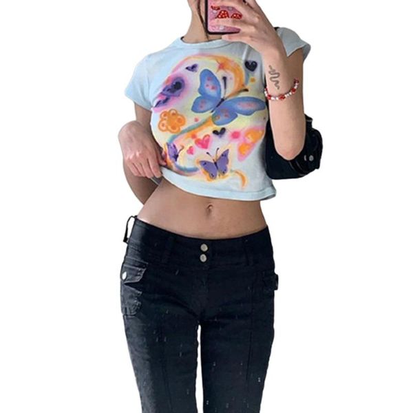 women's t-shirt crewneck crop , butterfly tie dye print short sleeve slim fitted t-shirts, White
women's t-shirt crewneck crop , butterfly tie dye print short sleeve slim fitted t-shirts, White