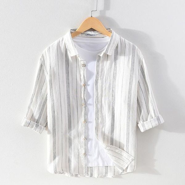 men's casual shirts cotton linen men striped half sleeve casuall dress shirt fashion stylish male camisa street wear ts-747, White;black
men's casual shirts cotton linen men striped half sleeve casuall dress shirt fashion stylish male camisa street wear ts-747, White;black