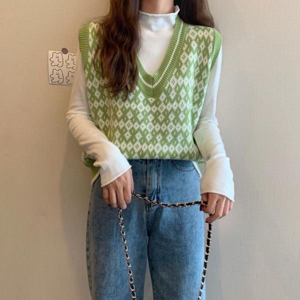 women's sweaters winter loose sleeveless v-neck shoulder short vest with plaid knitted sweater female waistcoat chic, White;black
women's sweaters winter loose sleeveless v-neck shoulder short vest with plaid knitted sweater female waistcoat chic, White;black