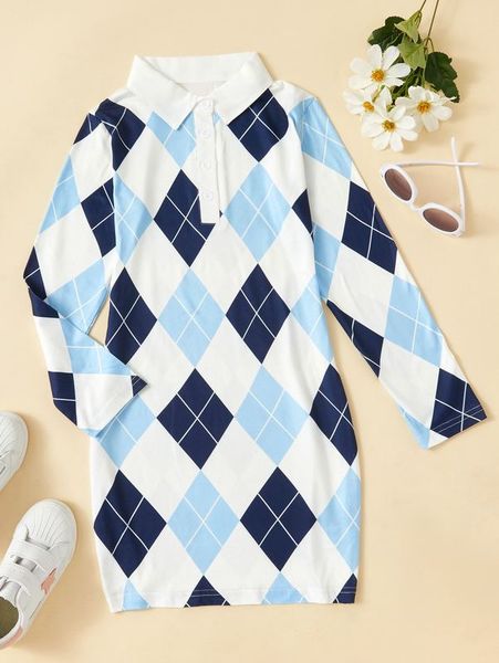 girls argyle print polo neck dress she, Red;yellow