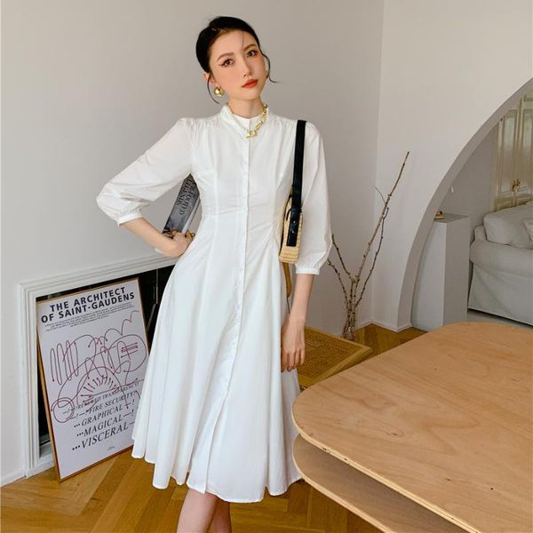 white dress spring summer 2021 stand collar three quarter sleeve slim casual mid-long button shirt female elegant vintage dresses, Black;gray
white dress spring summer 2021 stand collar three quarter sleeve slim casual mid-long button shirt female elegant vintage dresses, Black;gray