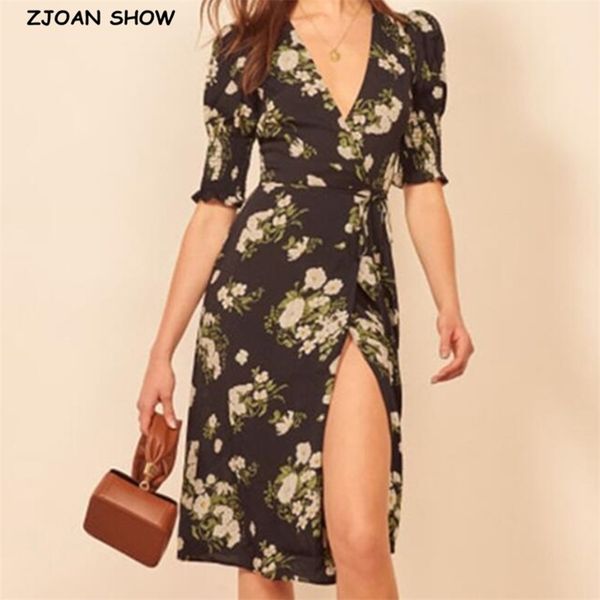 french v neck front slit flower wrap dress holiday woman tie bow lace up waist short sleeve below knee tea dresses vestido 210429, Black;gray
french v neck front slit flower wrap dress holiday woman tie bow lace up waist short sleeve below knee tea dresses vestido 210429, Black;gray