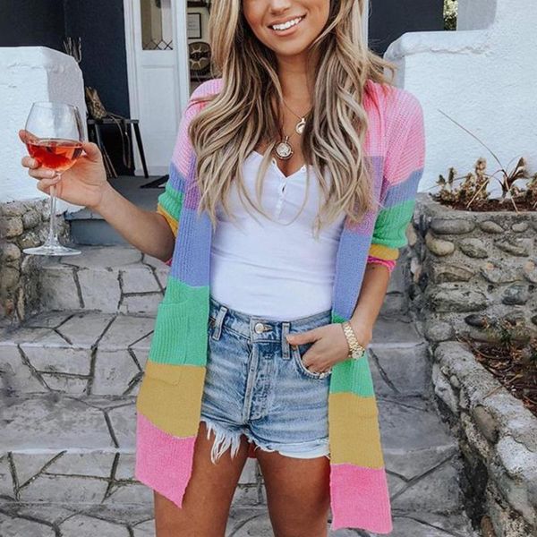 women's sweaters autumn winter fashion rainbow striped loose knitted cardigan women casual v-neck long sleeve pockets sweater hd1385, White;black
women's sweaters autumn winter fashion rainbow striped loose knitted cardigan women casual v-neck long sleeve pockets sweater hd1385, White;black